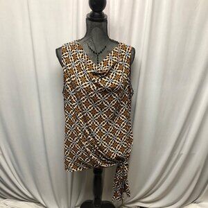 Worthington Blouse Womens Size XL Sleeveless Cowl Neck Geometric Top Bottom Tie